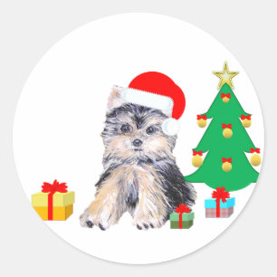 Pegatina Redonda árbol de Navidad, cachorro de Yorkshire y regalos