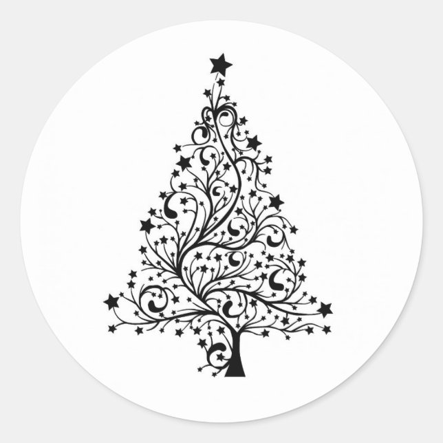 Pegatina Redonda Árbol de Navidad Clásico en Blanco y Negro (Anverso)