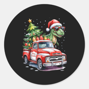 Pegatina Redonda Árbol de Navidad Coche Camión Dinosaurio Trex Navi