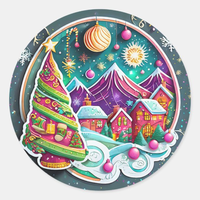 Pegatina Redonda Árbol de Navidad con aldea (Anverso)