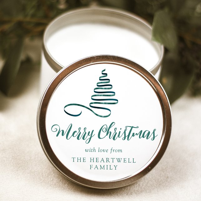 Pegatina Redonda Árbol de Navidad con cinta azul Script Feliz Navid (Subido por el creador)