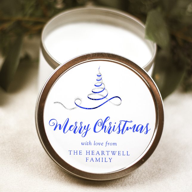 Pegatina Redonda Árbol de Navidad con Cinta de Plata Azul Script Fe (Subido por el creador)
