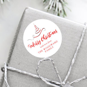 Pegatina Redonda Árbol de Navidad con Cinta de Plata Roja Script Fe