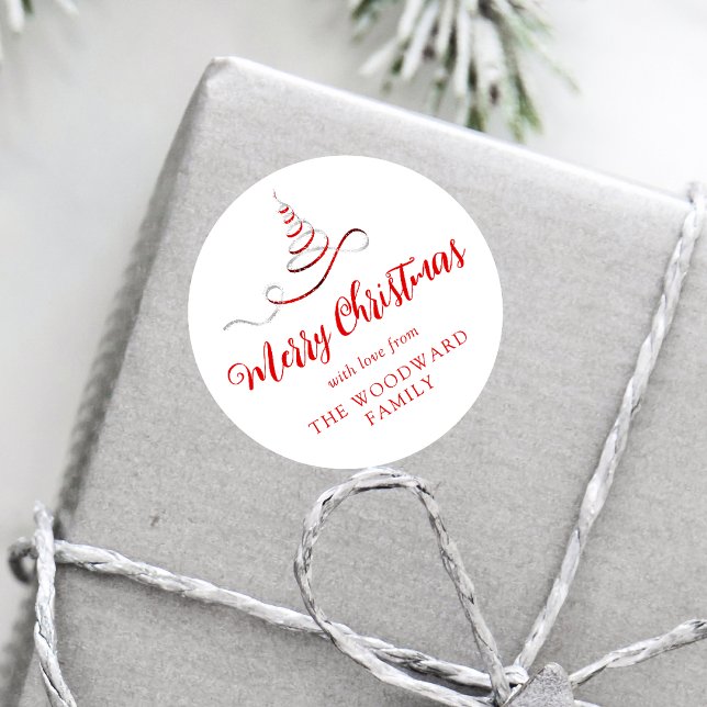 Pegatina Redonda Árbol de Navidad con Cinta de Plata Roja Script Fe (Subido por el creador)