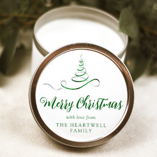 Pegatina Redonda Árbol de Navidad con Cinta de Plata Verde Script F