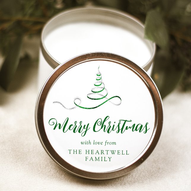 Pegatina Redonda Árbol de Navidad con Cinta de Plata Verde Script F (Subido por el creador)