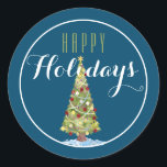 Pegatina Redonda Árbol de Navidad con decoraciones Feliz Navidad/Az<br><div class="desc">Árbol de Navidad con diseño de decoraciones con un saludo de Feliz Navidad en blanco. Excelente para envolver regalos,  sellar sobres,  adjuntar etiquetas a un paquete o poner en tus hijos bolsas de almuerzo!!</div>