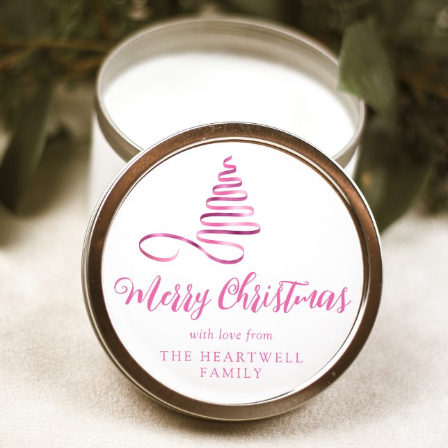 Pegatina Redonda Árbol de Navidad con Lazo Rosa Script Feliz Navida (Subido por el creador)