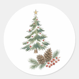 Pegatina Redonda Árbol de Navidad con Piñas y Bayas Rojas Agu