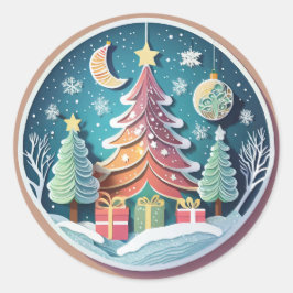 Pegatina Redonda Árbol de Navidad con regalo