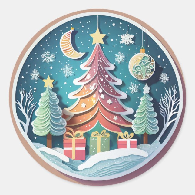 Pegatina Redonda Árbol de Navidad con regalo (Anverso)