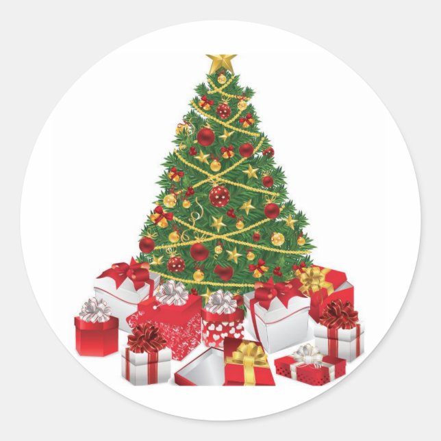 Pegatina Redonda Árbol de Navidad con regalos (Anverso)