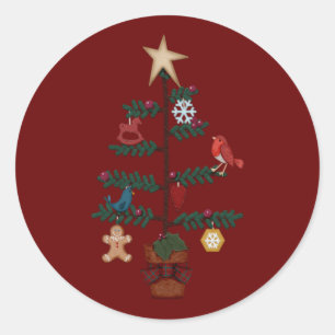 Pegatina Redonda Árbol de Navidad de Arte Popular   Adornos de Fiel