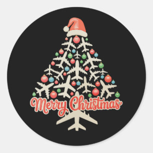 Pegatina Redonda Árbol de Navidad de Avión Piloto Navidad Vacacione