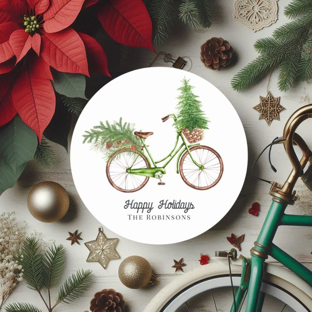 Pegatina Redonda Árbol de Navidad de Bicicleta Retro y Pinares Navi (Retro Bicycle Christmas Tree and Pines Holiday Classic Round Sticker)