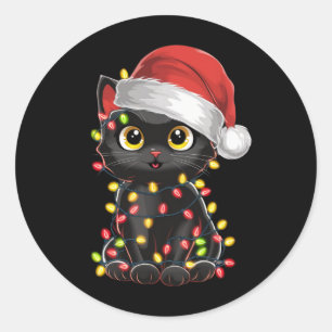 Pegatina Redonda Árbol de navidad de gato negro ilumina a Santa Kit