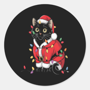 Pegatina Redonda Árbol de navidad de gato negro ilumina a Santa Kit