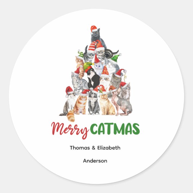 Pegatina Redonda Árbol de Navidad de gato personalizado para amante (Anverso)