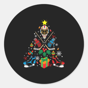 Pegatina Redonda Árbol de Navidad de hockey sobre hielo de Feliz Na
