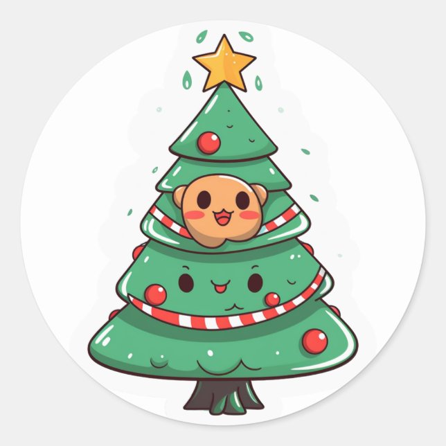Pegatina Redonda Árbol de Navidad de Kawaii (Anverso)