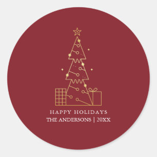 Pegatina Redonda Árbol de navidad de oro mínimo rojo moderno