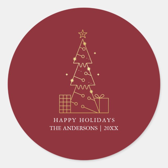 Pegatina Redonda Árbol de navidad de oro mínimo rojo moderno (Anverso)