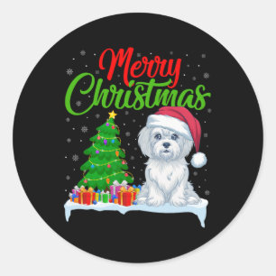 Pegatina Redonda Árbol de Navidad de perro maltés enciende Navidad