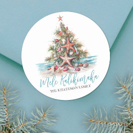 Pegatina Redonda Árbol de Navidad de Playa Mele Kalikimaka