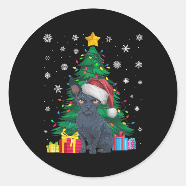 Pegatina Redonda Árbol de Navidad de sudor feo ilumina perro Sphynx (Anverso)