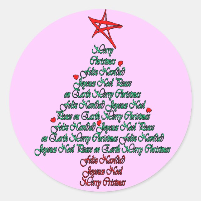 Pegatina Redonda Árbol de navidad de varios idiomas con estrella (Anverso)