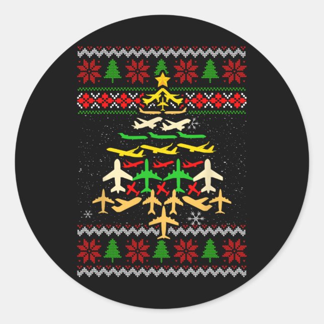 Pegatina Redonda Árbol de Navidad del avión Nochebuena feo Sweater  (Anverso)