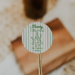 Pegatina Redonda Árbol de Navidad divertido verde dibujado a mano c