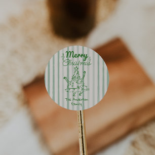 Pegatina Redonda Árbol de Navidad divertido verde dibujado a mano c