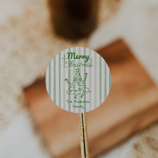 Pegatina Redonda Árbol de Navidad divertido verde dibujado a mano c