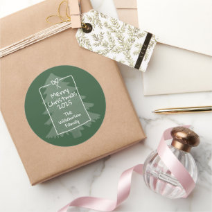 Pegatina Redonda Árbol de Navidad Doodle Caprichoso Verde