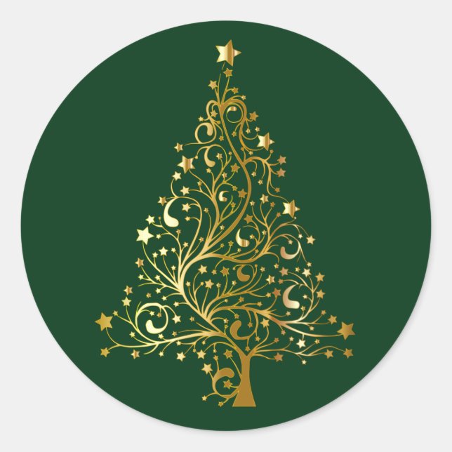 Pegatina Redonda Árbol de Navidad dorado en negro (Anverso)
