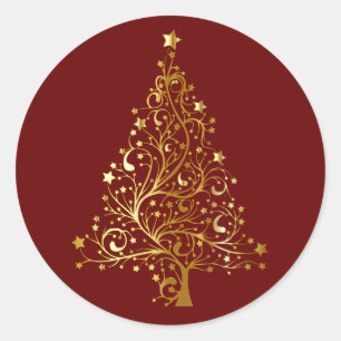 Pegatina Redonda Árbol de Navidad dorado en rojo