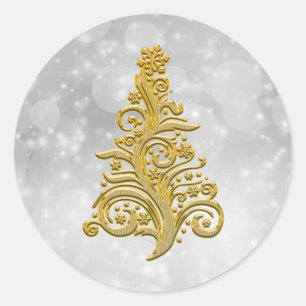 Pegatina Redonda Árbol de Navidad dorado en segundo plano