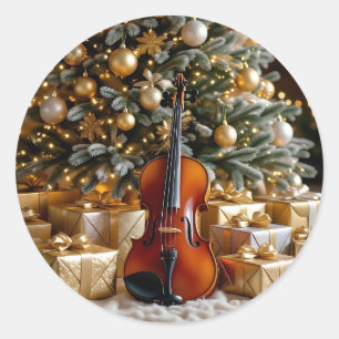 Pegatina Redonda Árbol de Navidad dorado, regalos y violín