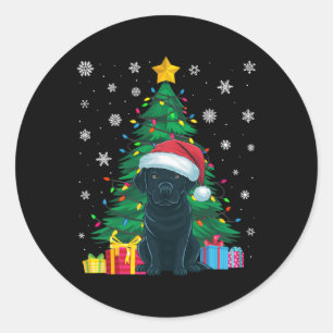 Pegatina Redonda Árbol de navidad dulce feo ilumina perro negro de