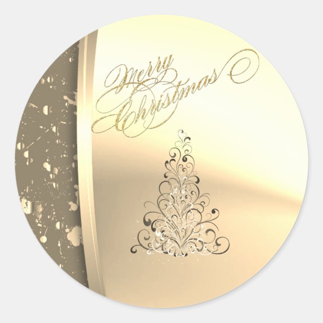 Pegatina Redonda Árbol de Navidad elegante y moderno, falso oro (Anverso)