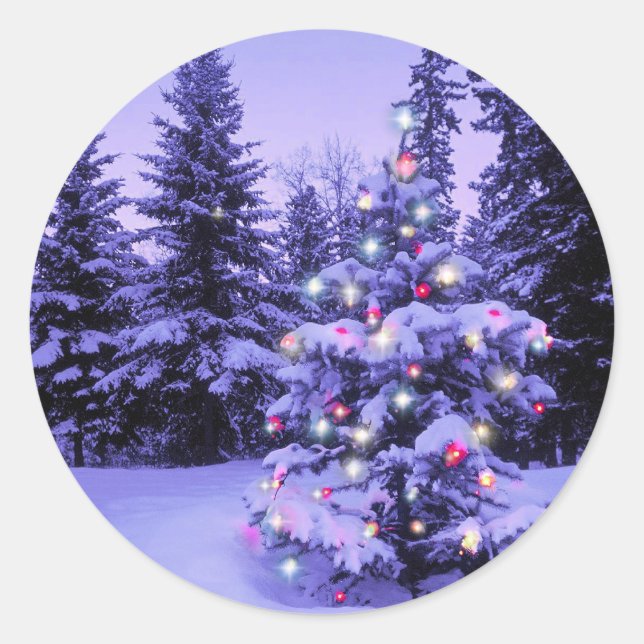 Pegatina Redonda Árbol de Navidad en el bosque (Anverso)