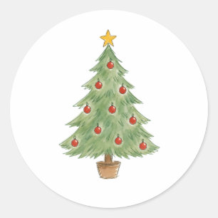 Pegatina Redonda Árbol de Navidad en maceta con adornos rojos