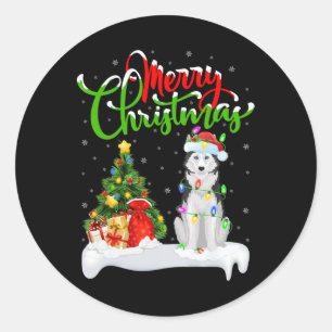 Pegatina Redonda Árbol de Navidad enciende Santa Hat Husky Perro Si