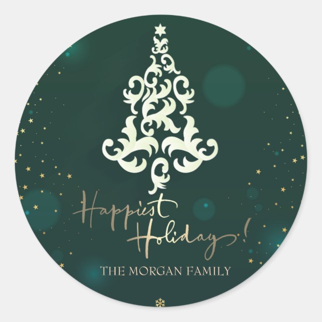 Pegatina Redonda Árbol de Navidad, estrellas, vacaciones más felice (Anverso)