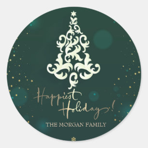 Pegatina Redonda Árbol de Navidad,Estrellas,Verde Felices Fiestas