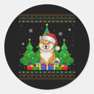 Pegatina Redonda Árbol de navidad fea dulce Santa Hat Shiba Inu Do