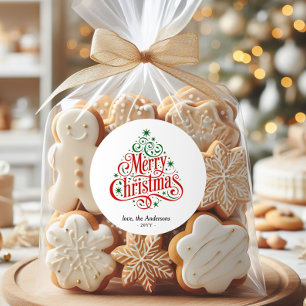 Pegatina Redonda Árbol de Navidad Feliz con hermosa caligrafía pers