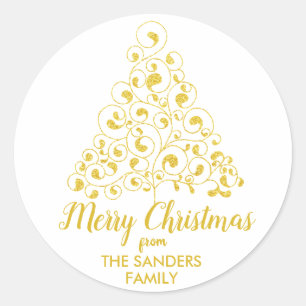 Pegatina Redonda Árbol de Navidad Feliz Purpurina de Navidad