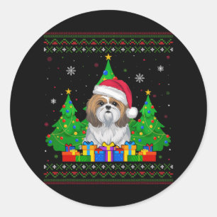 Pegatina Redonda Árbol de Navidad feo y dulce Santa Hat Shih Tzu Pe